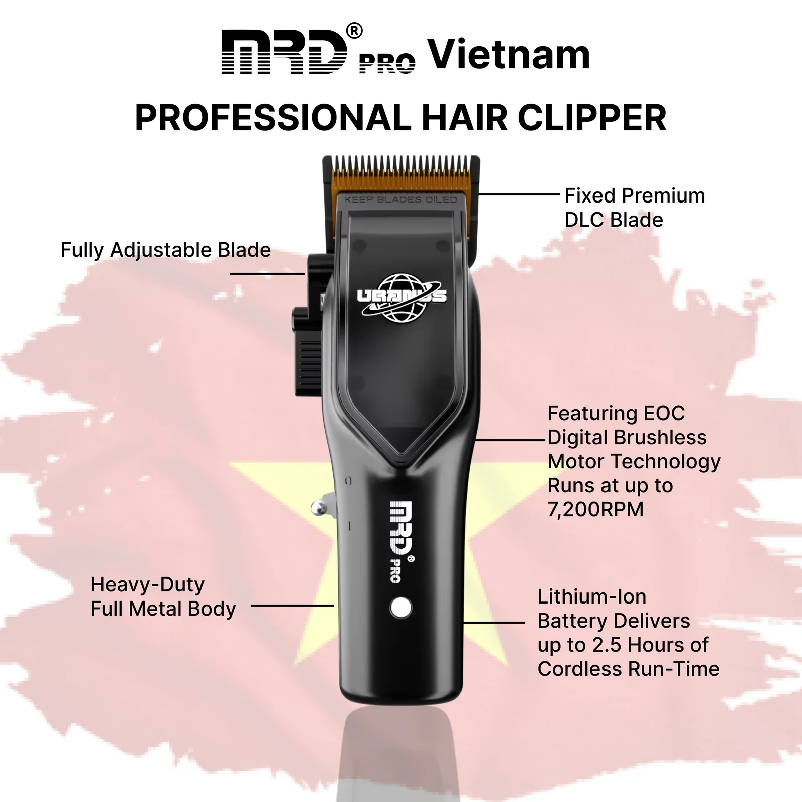 Uranus Professional Barber Clipper HC-3969V-BLACK-Charging Dock, Zero Gap, 7500 RPM Motor, DLC Blade - Image 4