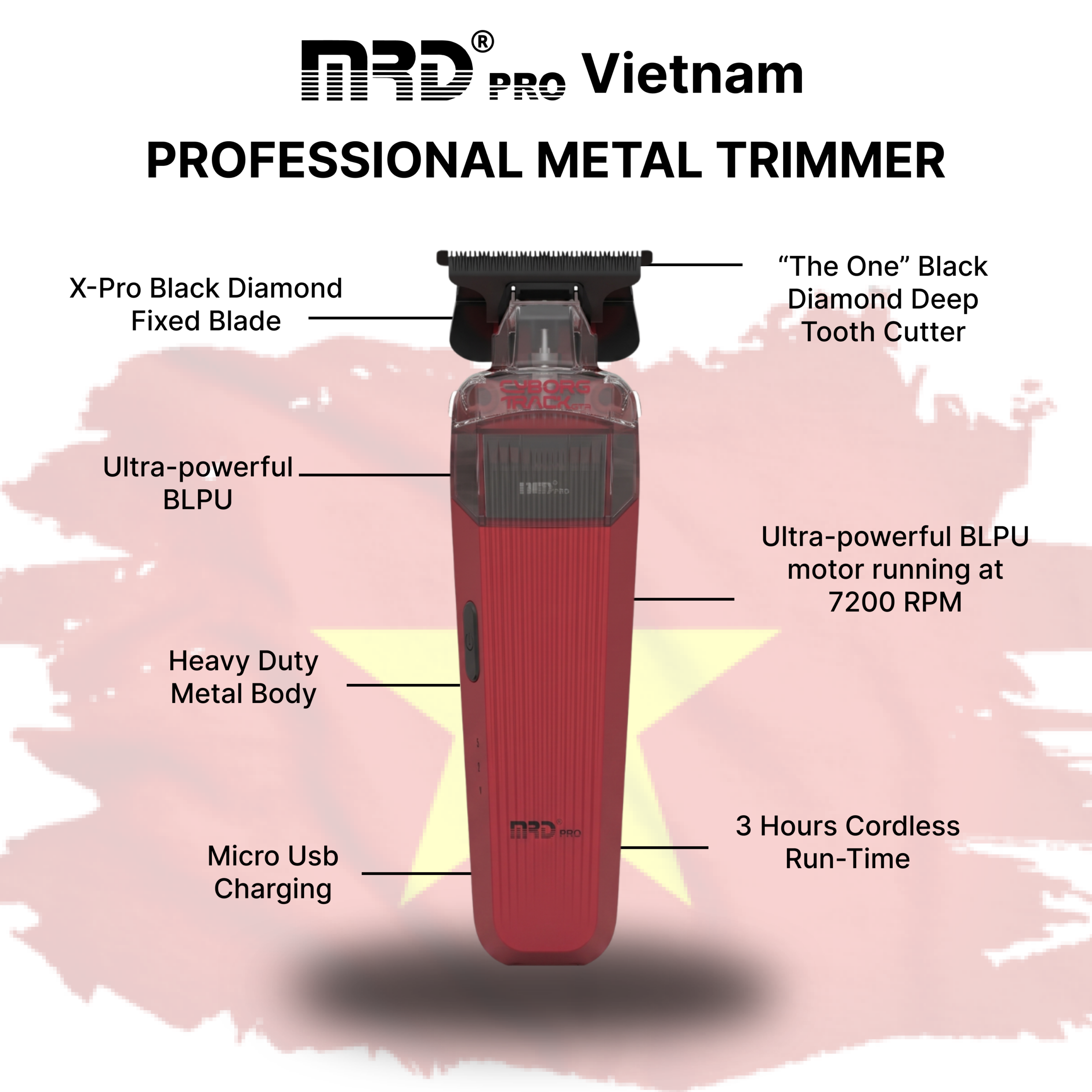 MRD PRO Trimmer CYBORG-BURGUNDY-Professional Cordless Zero Gapped T-Blade Hair Trimmer - 7200RPM BLPU Motor, DLC Blade & 180 Min Battery - Image 5