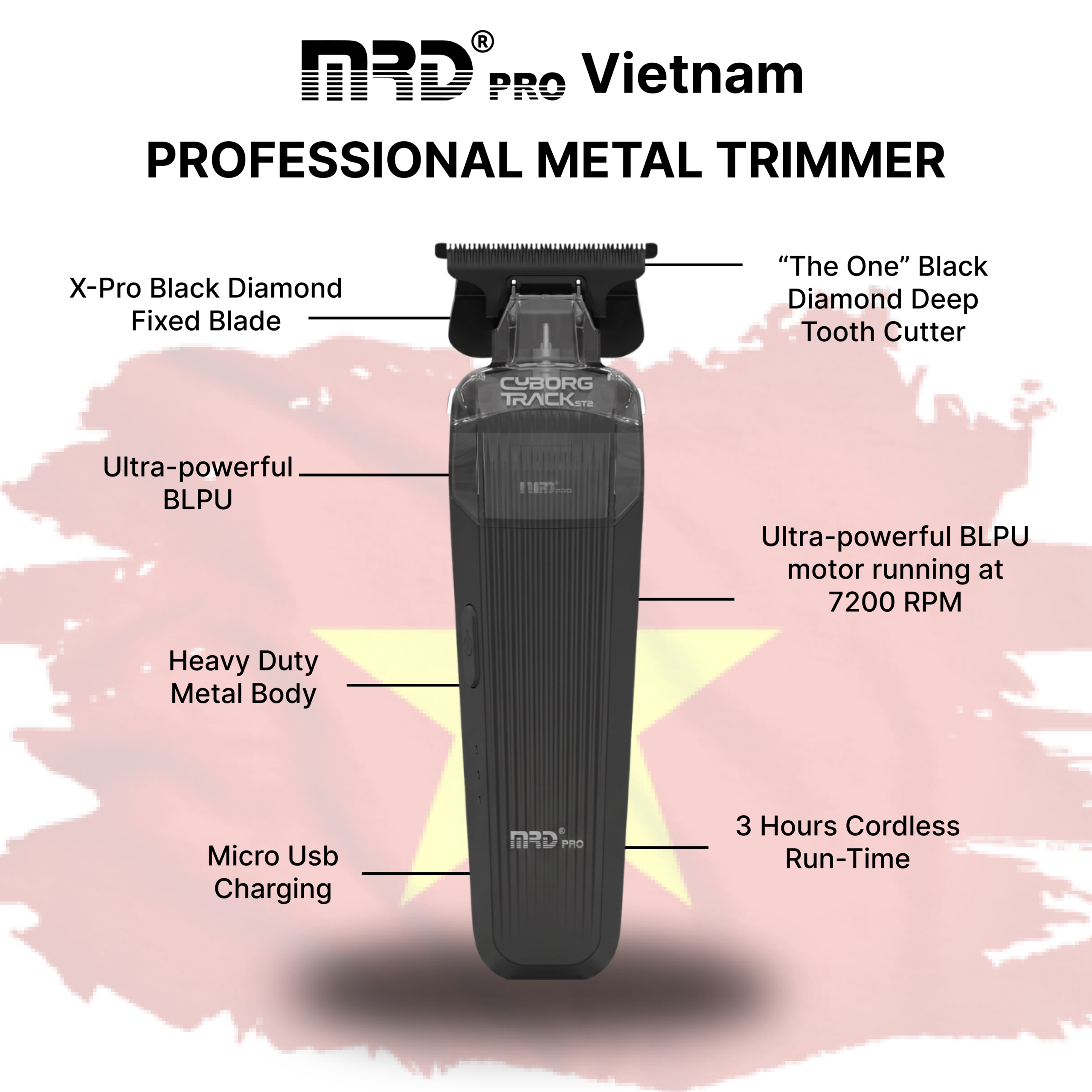 MRD PRO Trimmer CYBORG-BLACK-Professional Cordless Zero Gapped T-Blade Hair Trimmer - 7200RPM BLPU Motor, DLC Blade & 180 Min Battery - Image 5
