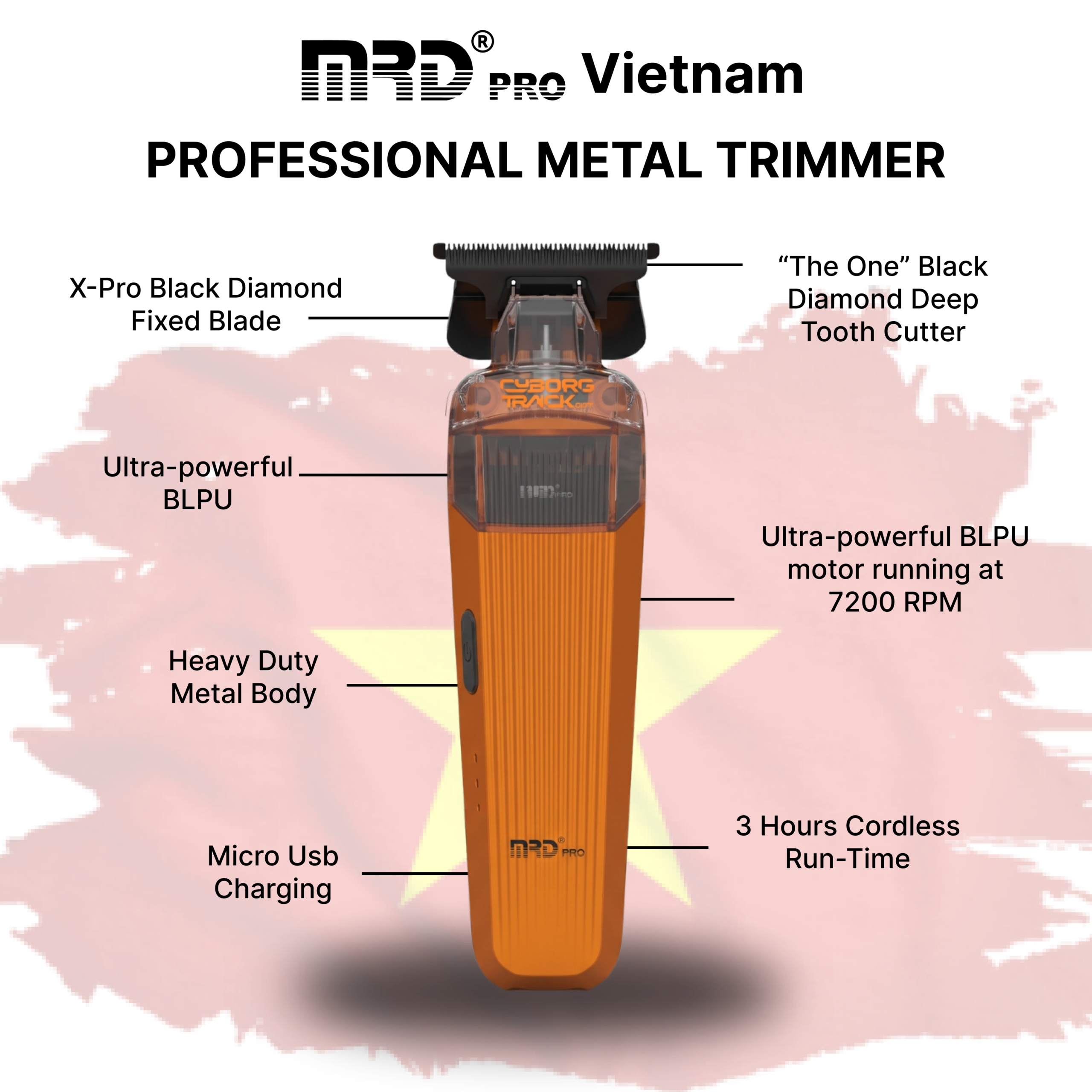 MRD PRO Trimmer CYBORG-ORANGE-Professional Cordless Zero Gapped T-Blade Hair Trimmer - 7200RPM BLPU Motor, DLC Blade & 180 Min Battery - Image 5